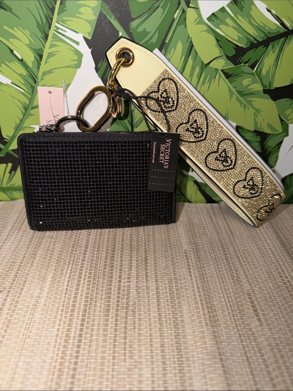 Victoria's Secret Black Crystal Card & Key Holder with Gold Heart Strap
